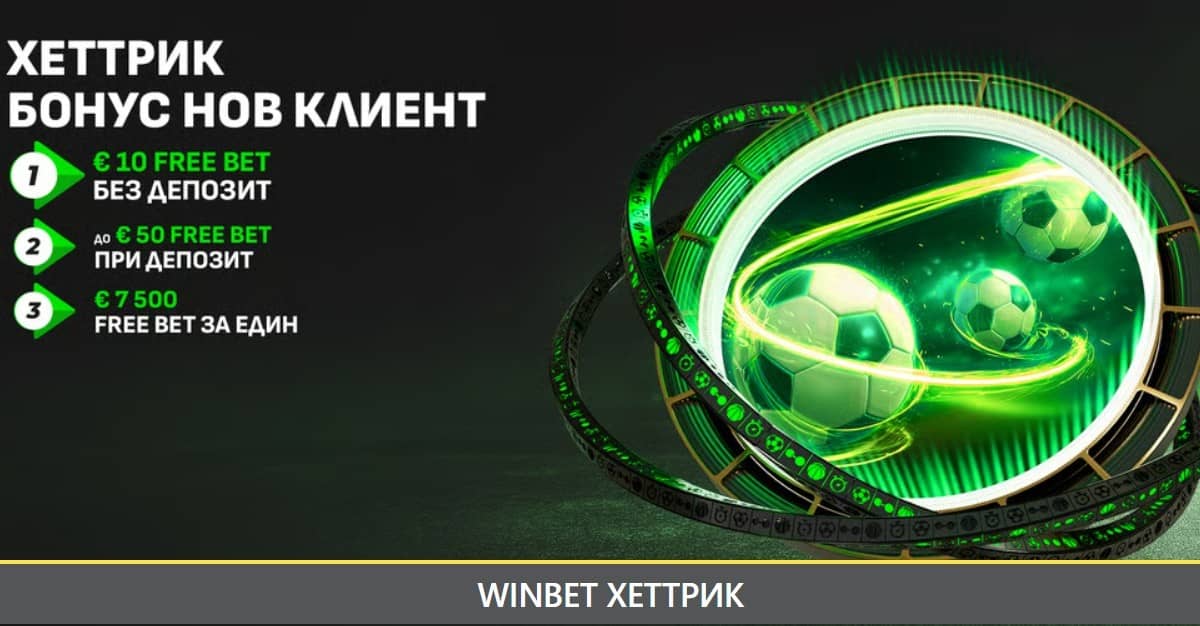 WINBET ХЕТТРИК – 10€ Free Bet без депозит, 100% до 50€ и шанс за 7 500€ 