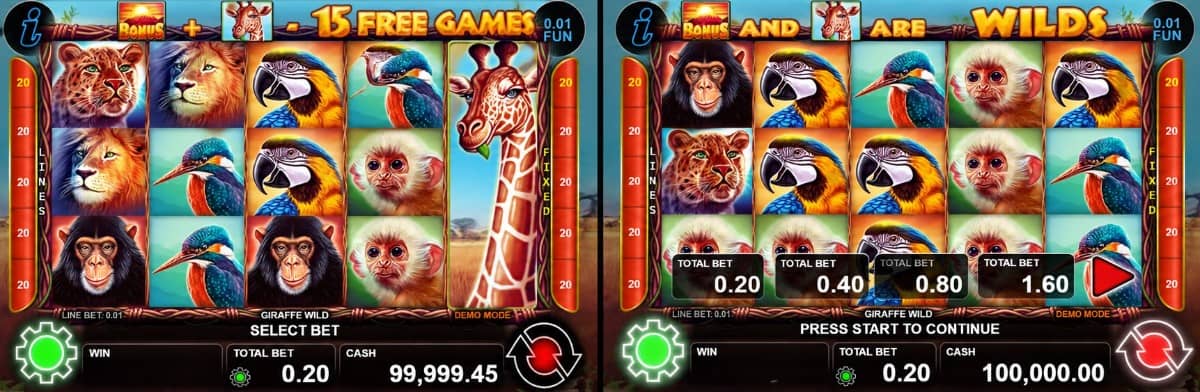 Giraffe Wild е слот на CT Interactive с африканска атмосфера, Free Games и фиксирани Wild символи. Виж как работят Bonus комбинациите, жирафите и Gamble функцията в играта.