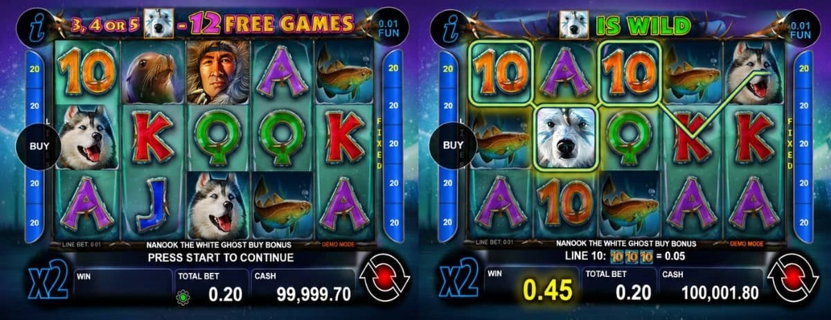 Ревю на Nanook the White Ghost Buy Bonus от CT Interactive – видео слот със снежни пейзажи, Wild и Scatter символ с бял вълк, Free Games рундове и максимална печалба до 5000x залога.