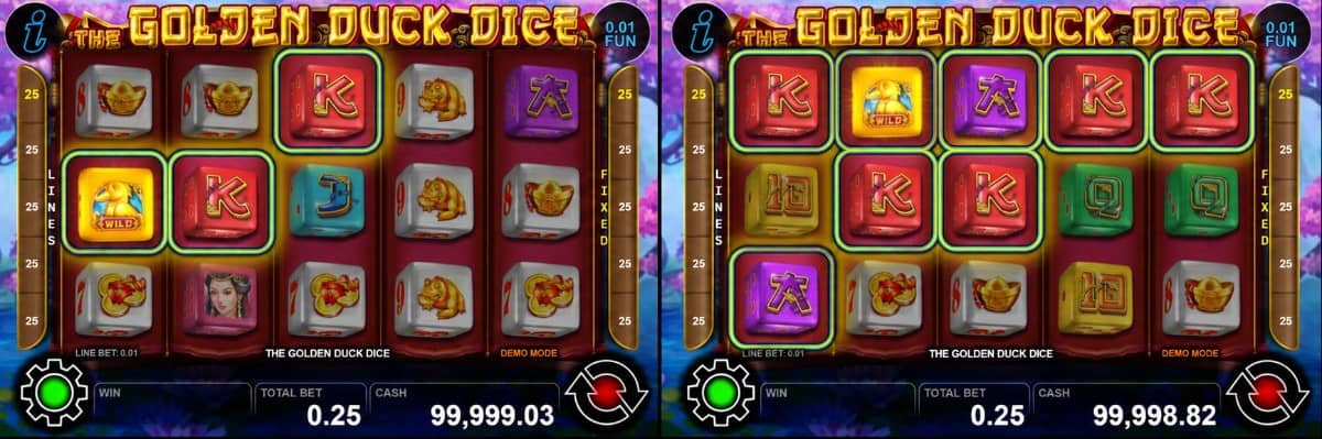 The Golden Duck Dice е Asian слот на CT Interactive с 25 линии, Free Games, Wild символи и Gamble функция. Виж как работят златното пате, яйцата Wild и бонус функциите в играта.
