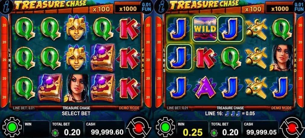 Treasure Chase слот от CT Interactive предлага 5 барабана, 20 линии, Wild и Scatter символи, падащи символи и бонус награди до 1000x залога. Виж как работят функциите и какви печалби носи играта.