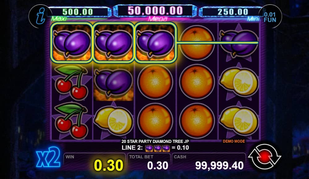 20 Star Party Diamond Tree Jackpot е слот на CT Interactive с 5 барабана, 20 линии, Wild, Scatter, безплатни завъртания и Diamond Tree Jackpot бонус.