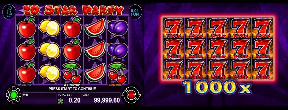 20 Star Party е слот на CT Interactive с 5 барабана, 20 линии, Wild и Scatter символи, бонус игра, безплатни завъртания и максимална печалба до 1000x залога.