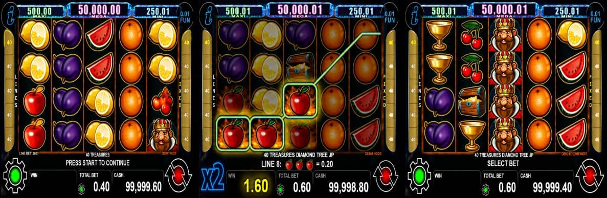 40 Treasures Diamond Tree Jackpot е казино слот на CT Interactive с 5 барабана, 40 линии, Wild символ, Scatter символ, Diamond Tree Jackpot бонус и печалби до 1000x залога. 