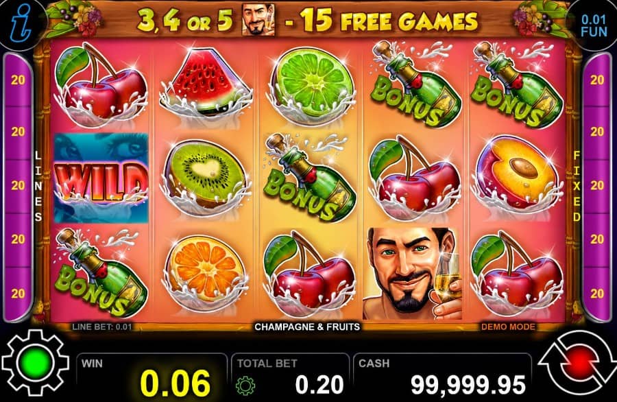 Champagne & Fruits е слот на CT Interactive с 5 барабана, 20 линии, Free Games режим, Champagne Bonus функция, Wild символ и максимална печалба до 10 000x залога.