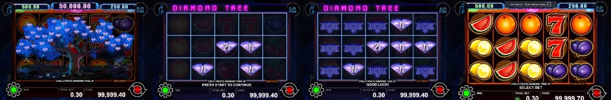 Chilli Fruits Diamond Tree Jackpot е казино слот на CT Interactive с 5 барабана, 10 линии, разширяващ се Wild символ, Respin функция и Diamond Tree Jackpot бонус с MINI, MAXI и MEGA джакпоти