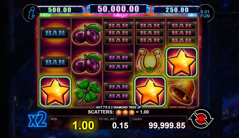 Hot 7's X2 Diamond Tree Jackpot е класически слот на CT Interactive с 5 барабана, Wild множители до x8, Scatter символ и Diamond Tree Jackpot бонус.