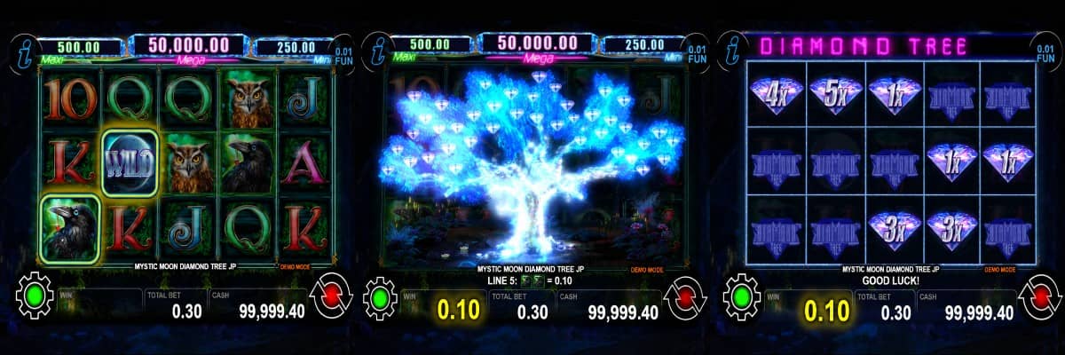 Mystic Moon Diamond Tree Jackpot е слот на CT Interactive с безплатни завъртания, Diamond Tree Jackpot бонус, разширяващи се Wild символи и печалби до 5000x.