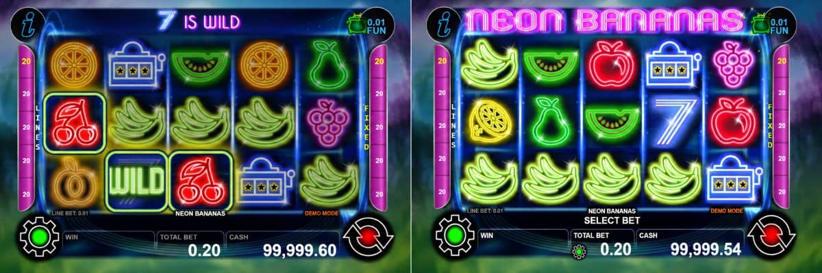 Neon Bananas е казино слот на CT Interactive с 5 барабана, 20 линии, Wild множител x2, Lucky Slot Бонус, Mini Бонус функция и максимална печалба до 10 000x залога. Neon Bananas е казино слот на CT Interactive с 5 барабана, 20 линии, Wild множител x2, Lucky Slot Бонус, Mini Бонус функция и максимална печалба до 10 000x залога.