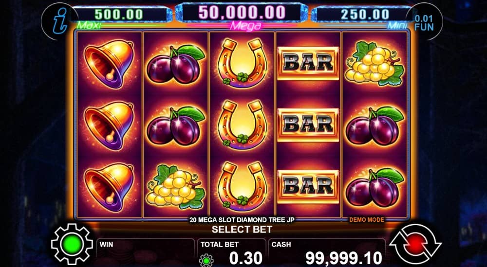 20 Mega Slot Diamond Tree Jackpot от CT Interactive комбинира плодови символи, Diamond Tree Jackpot бонус и джакпоти Mini, Maxi и Mega с печалби до 1000x.