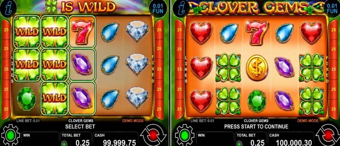 Clover Gems е казино слот на CT Interactive с 5 барабана, 25 линии, Wild детелина, Scatter монета и печалби до 1000x залога.