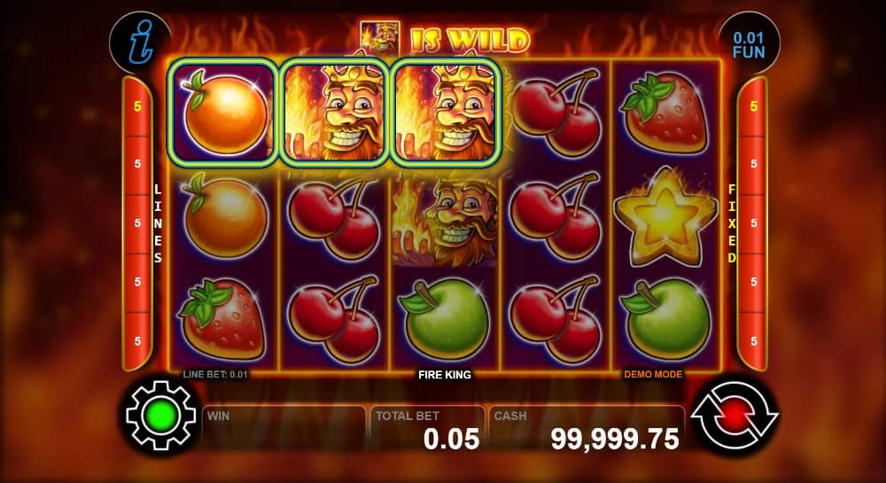 Fire King е класически слот на CT Interactive с 5 барабана, огнена визия, Wild символ с множители до x5 и печалби до 1000x залога. Разгледайте символите, функциите и демо версията на играта. Fire King е класически слот на CT Interactive с 5 барабана, огнена визия, Wild символ с множители до x5 и печалби до 1000x залога. Разгледайте символите, функциите и демо версията на играта.
