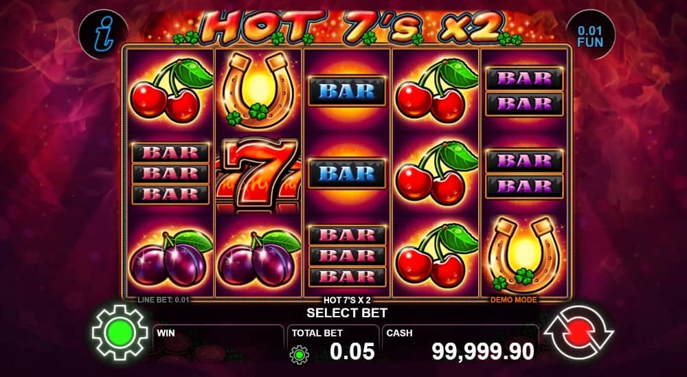 Hot 7's X2 е класически слот на CT Interactive с 5 барабана, 5 линии, Wild множители до x8, Scatter символ и потенциал за печалби до 1000x.