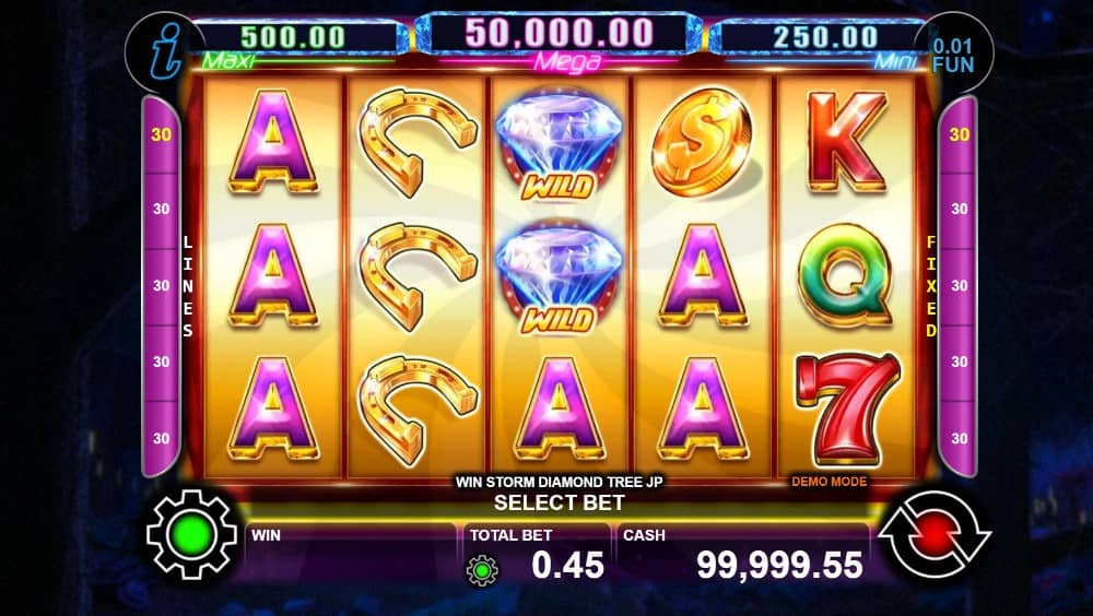 Win Storm Diamond Tree Jackpot е казино слот на CT Interactive с 5 барабана, 30 линии, каскадни комбинации, Wild и Scatter символи и специален Diamond Tree Jackpot бонус.