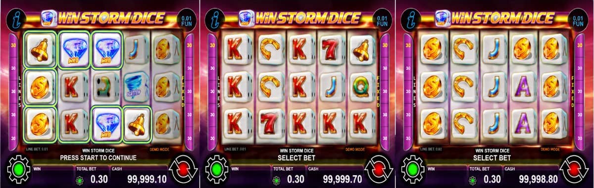 Win Storm Dice е казино слот на CT Interactive с 5 барабана, 30 линии, каскадни комбинации, Wild и Scatter символи.