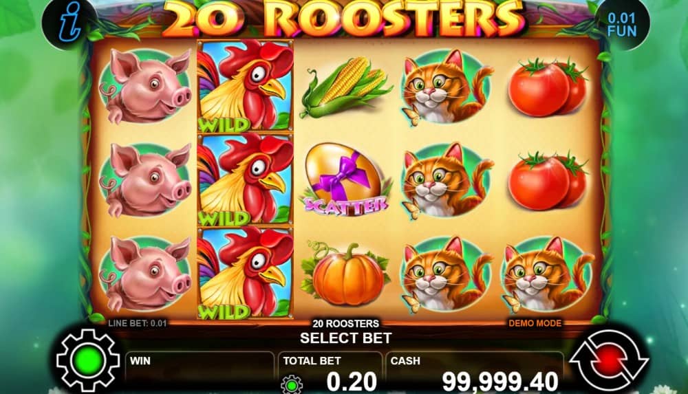 Ревю на 20 Roosters слот от CT Interactive – 5 барабана, 20 линии, фермерска тема, Wild петел, Scatter яйце и до 1000x печалба.