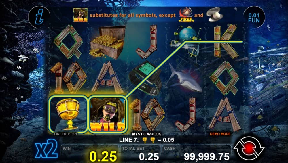 Ревю на Mystic Wreck от CT Interactive – 5 барабана, 10 линии, Wild, Scatter, безплатни игри с множител и печалба до 2500x залога.