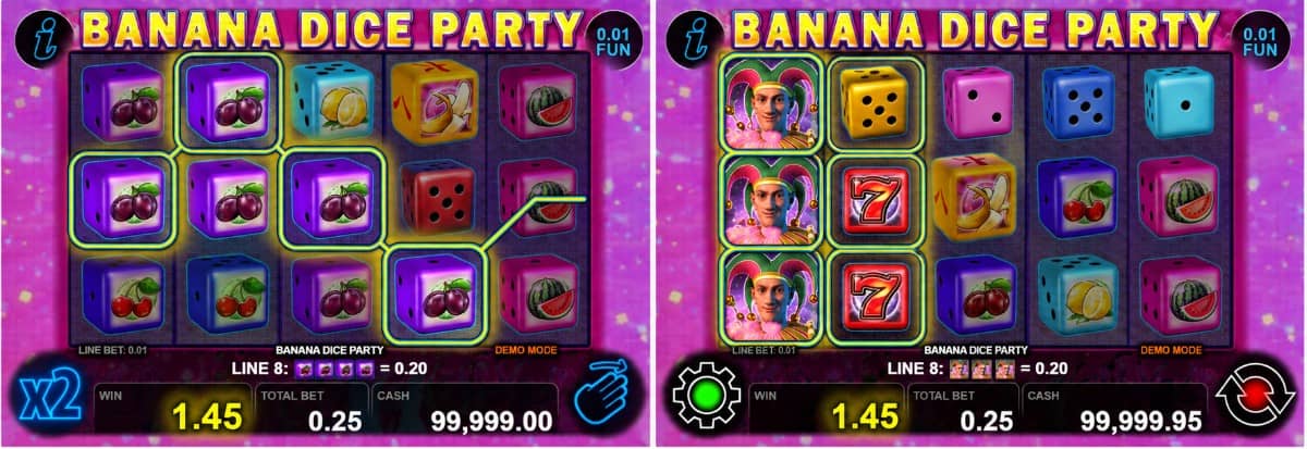 Научете всичко за Banana Dice Party слот от CT Interactive – 25 линии, Wild и Scatter символи, Gamble функция, максимална печалба до 1000x залога и подробно ревю на играта