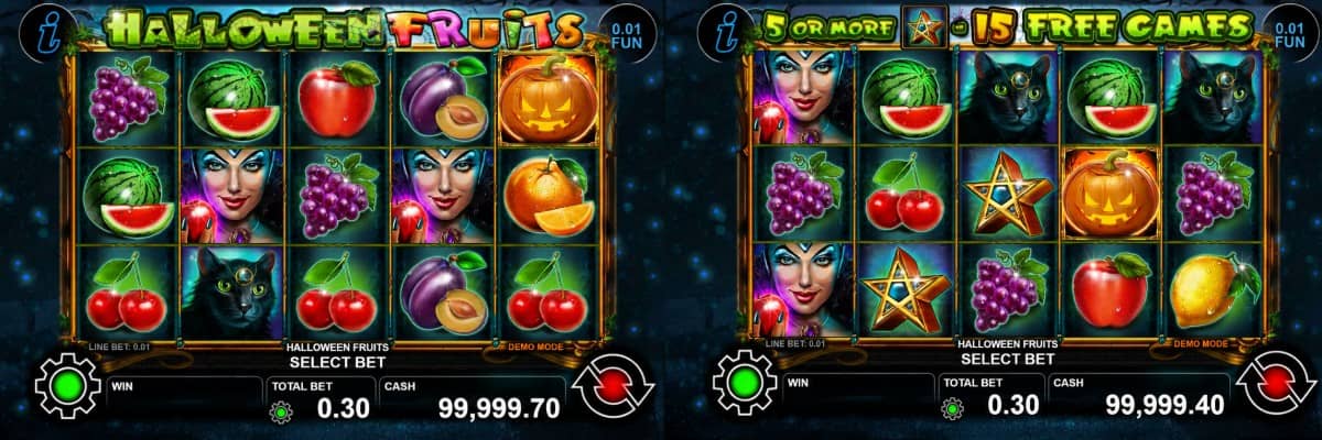 Ревю на Halloween Fruits от CT Interactive – 5 барабана, 30 линии, Free Games, Wild тиква, Scatter пентаграма и печалба до 300x.