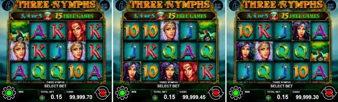Three Nymphs е слот игра на CT Interactive с 15 линии, Wild/Scatter символ, Free Games, Expanded Wild функция и печалба до 2000x залога.