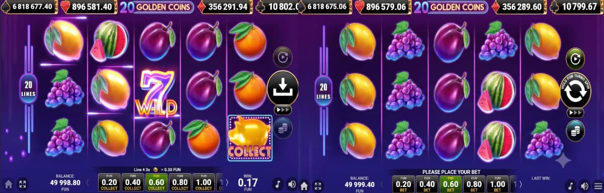 20 Golden Coins е плодов слот от Amusnet с 5 барабана, 20 фиксирани линии, Wild, Scatter, бонус монети, Collect символ и Mystery Nudge функция.