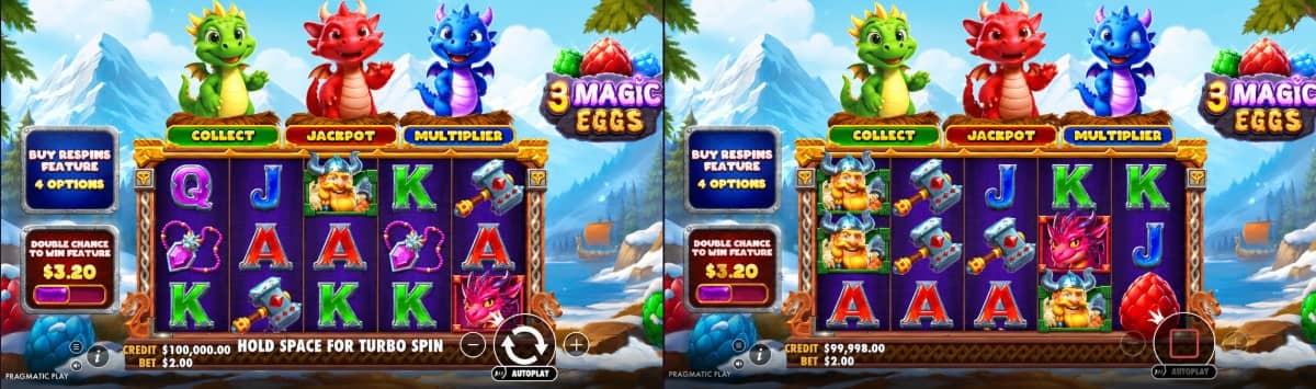 3 Magic Eggs е слот на Прагматик Плей с 5×3 поле и 25 линии, три драконови яйца, повторни завъртания, множители и безплатно демо.