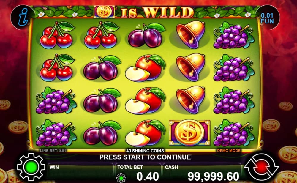40 Shining Coins от CT Interactive е класически плодов слот с 5 барабана, 40 линии, Wild монета, Scatter звезда, Gamble функция и безплатно демо.