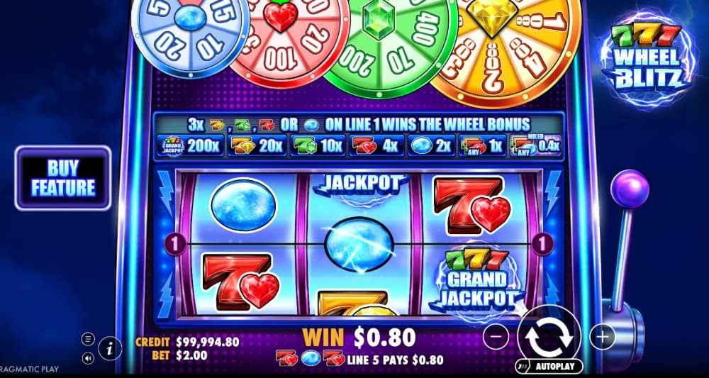 777 Wheel Blitz е ретро слот от Pragmatic Play с 3 барабана, цветни седмици и скъпоценни камъни, четири нива на Wheel бонуса, Buy Feature и максимална печалба до 5020x залога.