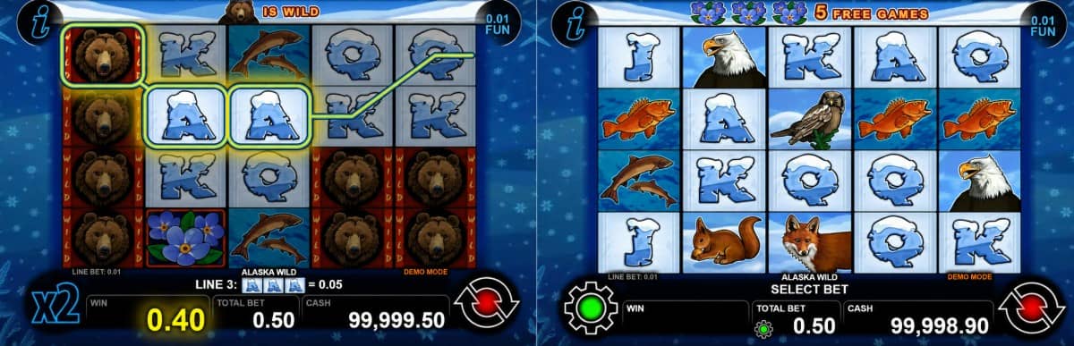 Разгледайте Alaska Wild от CT Interactive – класически слот с 5 барабана, 50 линии, Wild мечка, Free Games, Scatter и безплатно демо.