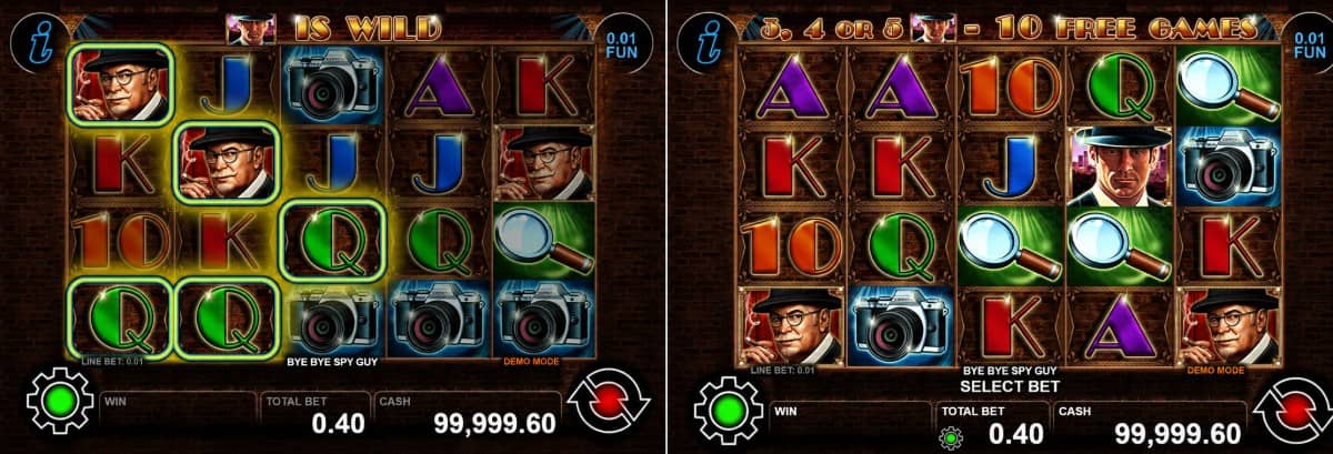 Bye Bye Spy Guy е шпионски слот от CT Interactive с 5 барабана, 40 линии, Wild/Scatter символ, 10 безплатни завъртания, награди от тайни документи и Gamble функция.