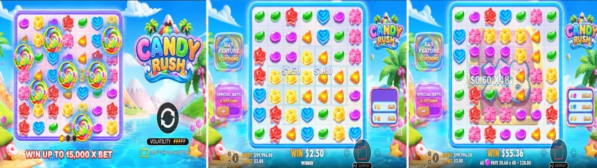 Candy Rush е цветен слот от Прагматик Плей с решетка 7×7, падащи символи, множители до 128x и до 30 безплатни завъртания.