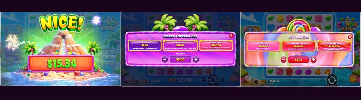 Candy Rush е цветен слот от Прагматик Плей с решетка 7×7, падащи символи, множители до 128x и до 30 безплатни завъртания.
