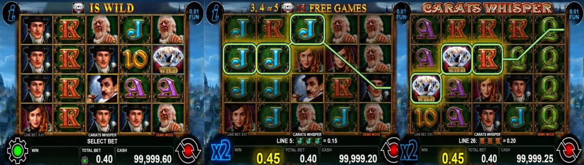 Carats Whisper е приключенски слот от CT Interactive с 5 барабана, 40 линии, Wild/Scatter диамант, 15 безплатни завъртания и разширяващ се Wild символ. Carats Whisper е приключенски слот от CT Interactive с 5 барабана, 40 линии, Wild/Scatter диамант, 15 безплатни завъртания и разширяващ се Wild символ.