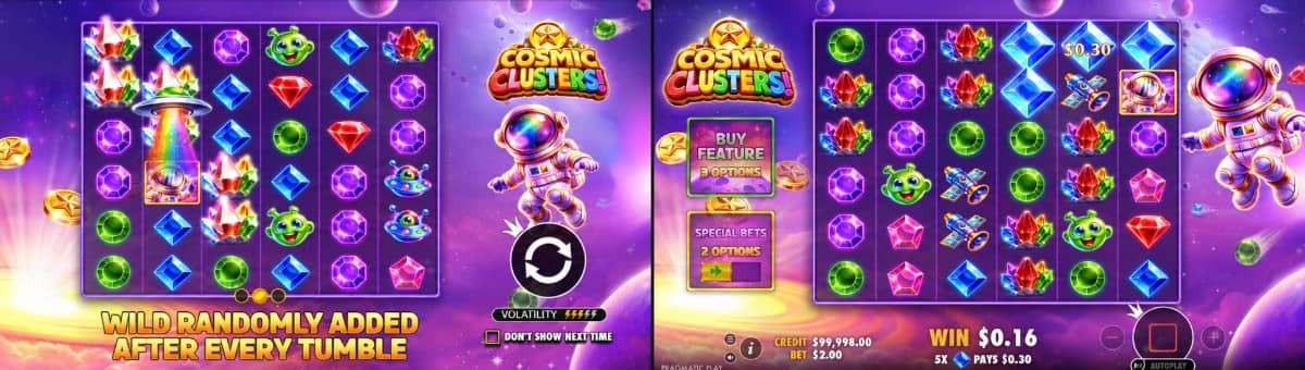 Cosmic Clusters! е слот от Прагматик Плей с RTP 96,45%, средна волатилност, клъстерни печалби, парични символи и награда до 5000x.