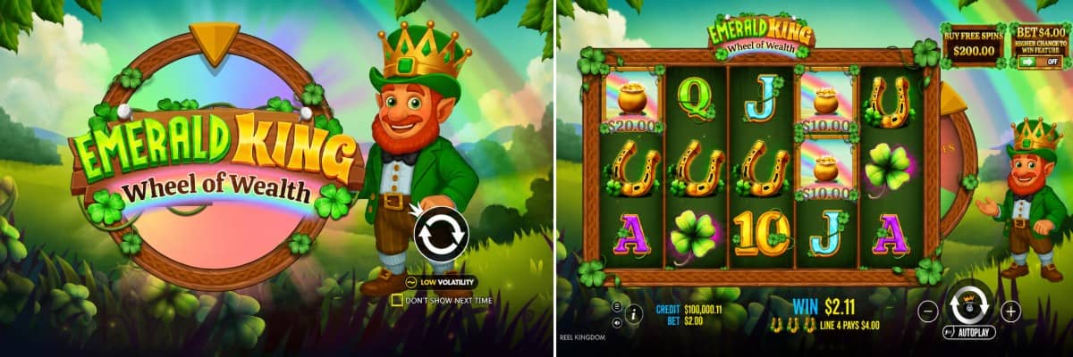 Emerald King – Wheel of Wealth е ирландски слот от Прагматик Плей с 5×3 поле, 10 линии, безплатни завъртания, бонус колело и демо версия.