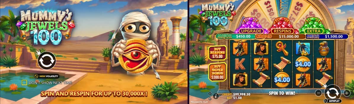 Mummy’s Jewels 100 от Pragmatic Play – египетски слот с парични символи, повторни завъртания, колело и печалба до 30 000x.