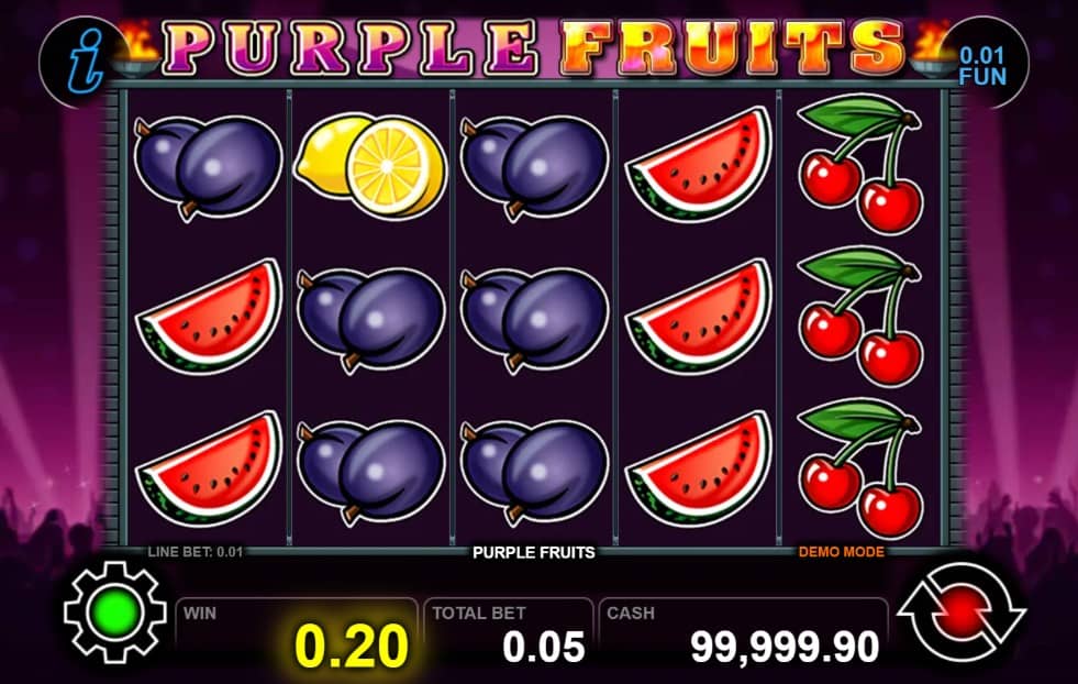 Ревю на Purple Fruits от CT Interactive – класически плодов слот с 5 барабана, 5 линии, максимална печалба 5000x, Gamble функция и безплатно демо.