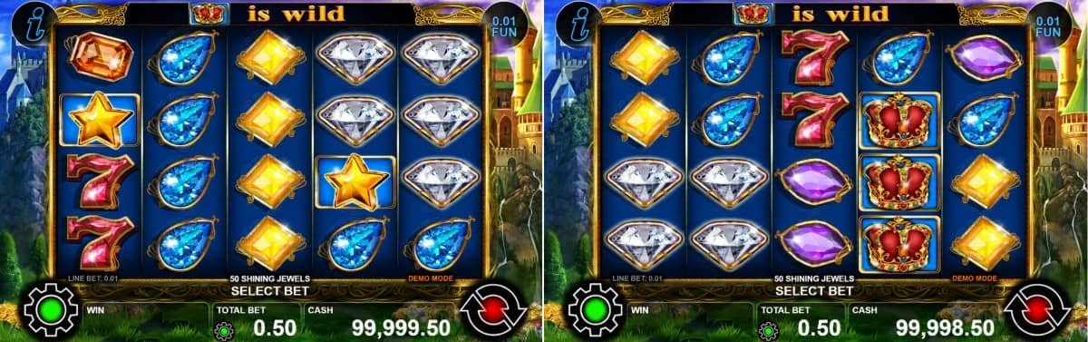Разгледайте 50 Shining jewels от CT Interactive – класически слот с 5 барабана, 50 линии, подредени символи, Wild корона, Scatter звезда и демо режим.