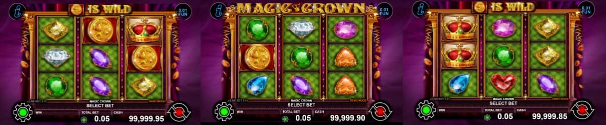 Разгледайте Magic Crown от CT Interactive – класически слот с 3 барабана, 5 линии, Wild монета, Scatter корона, Gamble функция и безплатно демо.