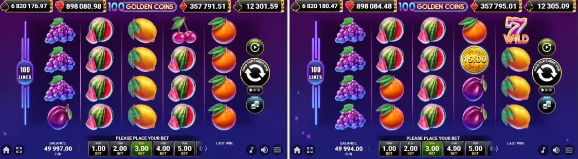 100 Golden Coins е плодов слот от Amusnet със 100 фиксирани линии, Wild, Scatter, бонус монети, Collect символ, Mystery Nudge и Gamble функция.