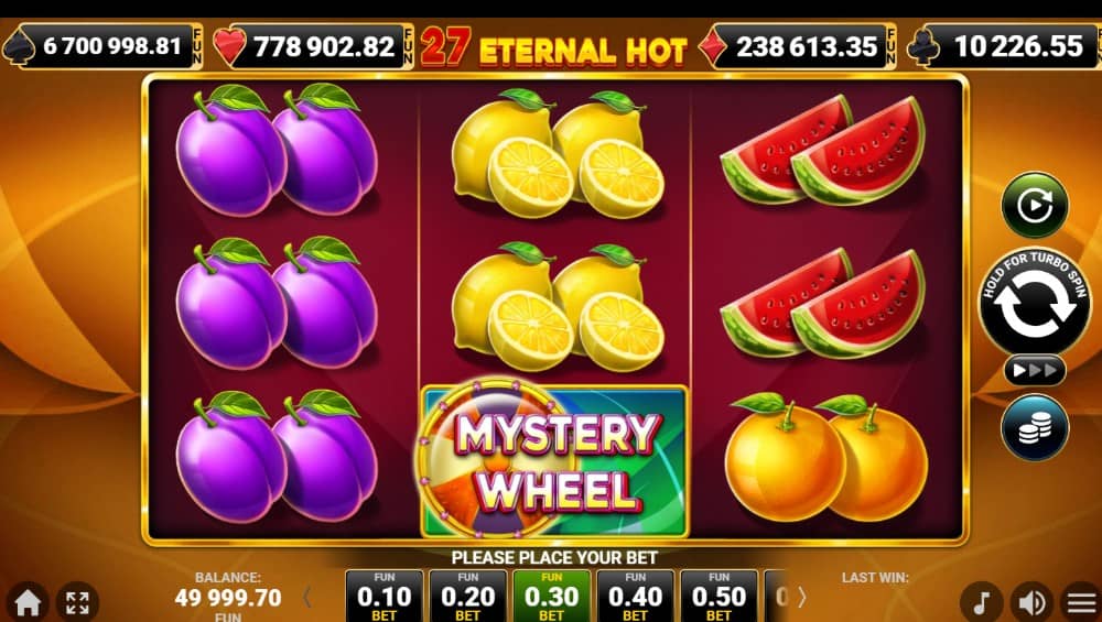 27 Eternal Hot е класически плодов слот от Amusnet с 3 барабана, 27 начина за печалба, Wild символ, Mystery Wheel, безплатни завъртания и Gamble функция.
