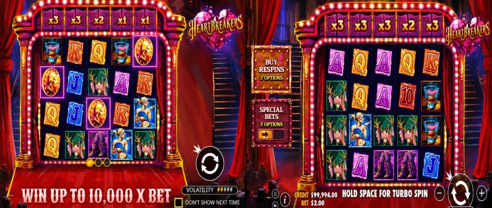 Heartbreakers е слот от Pragmatic Play с 20 линии, цветни събиращи символи, повторни завъртания и максимална печалба до 10 000x залога