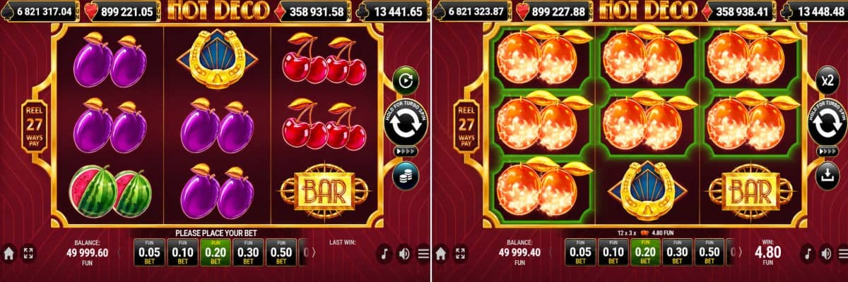 Hot Deco е класически слот от Amusnet с 3 барабана, 27 начина за печалба, Wild седмица, Scatter звезда, x2 множител, Gamble и Mystery Jackpot. Hot Deco е класически слот от Amusnet с 3 барабана, 27 начина за печалба, Wild седмица, Scatter звезда, x2 множител, Gamble и Mystery Jackpot.