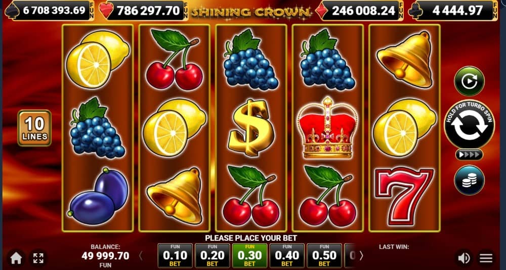 Shining Crown е класически слот от Amusnet с 5 барабана, 10 фиксирани линии, разширяващ се Wild, два Scatter символа, Gamble и Jackpot Cards.