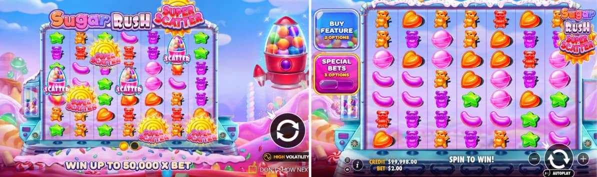 Sugar Rush Super Scatter е сладкарски слот от Прагматик Плей с поле 7×7, каскади, множители до 1024x, безплатни завъртания и възможност за демо игра. Sugar Rush Super Scatter е сладкарски слот от Прагматик Плей с поле 7×7, каскади, множители до 1024x, безплатни завъртания и възможност за демо игра.