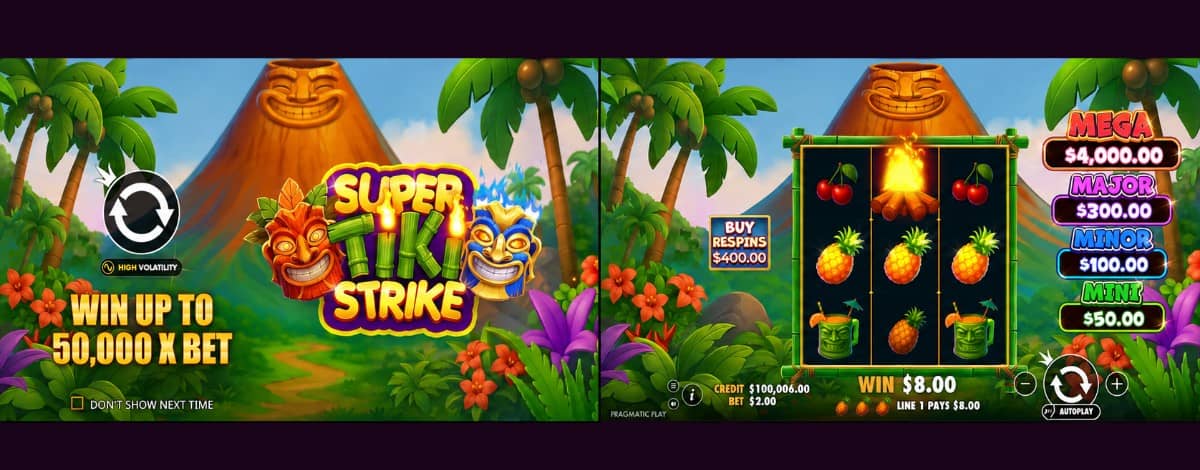 Super Tiki Strike е тропически слот от Прагматик Плей с 3×3 поле, 5 линии, повторни завъртания, множители до 1000x и възможност за демо игра.