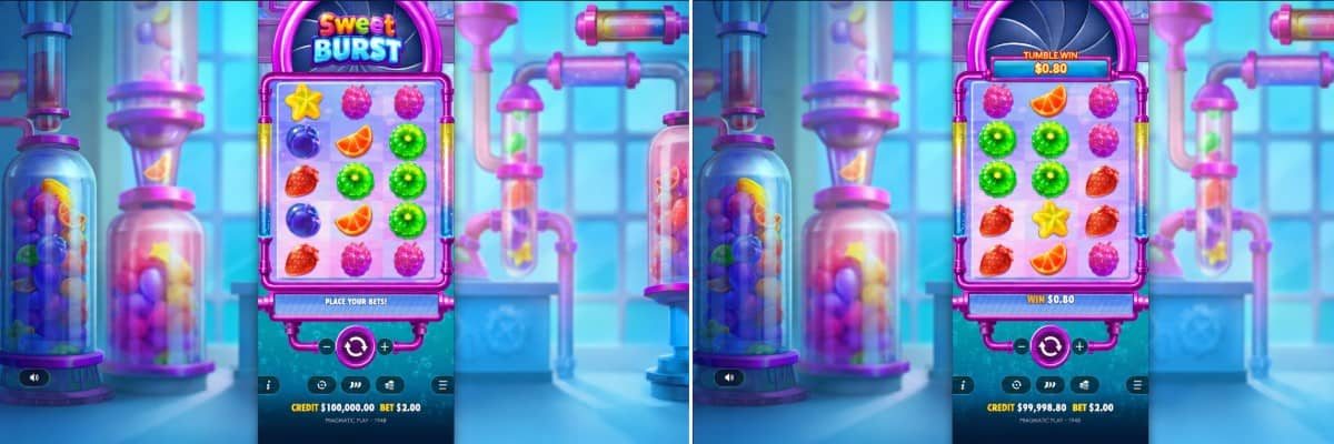 Sweet Burst е плодов слот от Прагматик Плей с решетка 3×5, каскадни печалби, безплатни завъртания, множители до 1000x и възможност за демо игра.