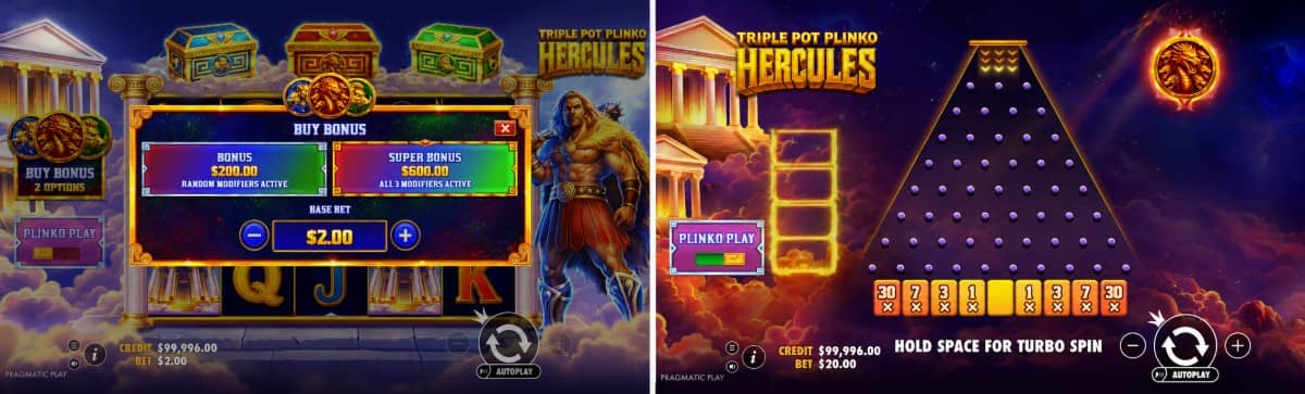Triple Pot Plinko – Hercules е слот от Pragmatic Play с 243 начина за печалба, три бонусни модификатора и награда до 10 000x залога.
