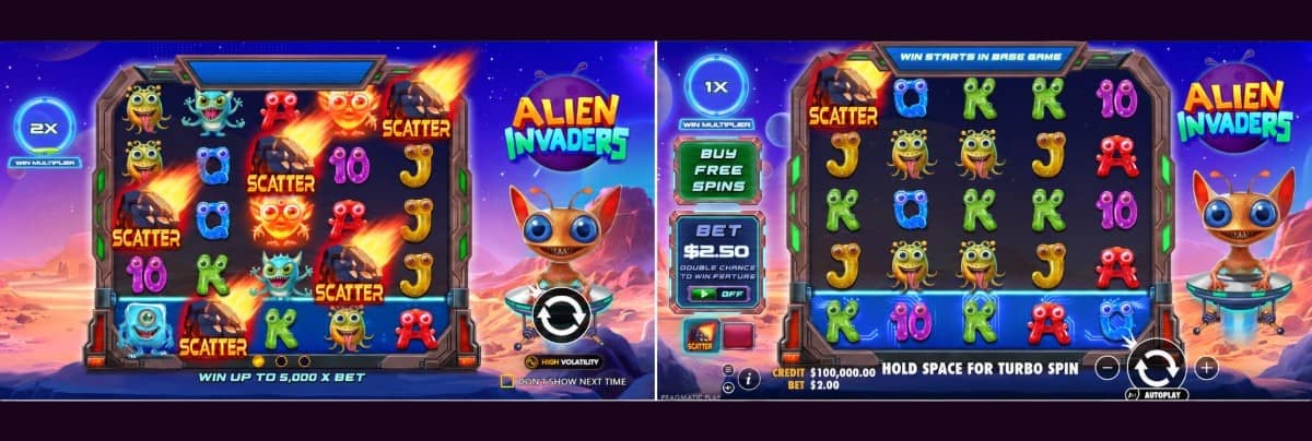 Alien Invaders слот от Pragmatic Play с космическа тема, каскади, множители до 100x, печалба до 5 000x и безплатно демо.