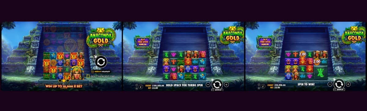 Anaconda Gold е слот от Pragmatic Play с поле 6×4 до 6×8, каскадни печалби, парични символи, безплатни завъртания и демо игра.